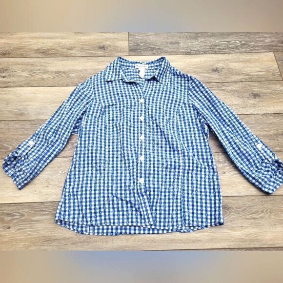 Drapers & Damon's women's blue and white gingham 3/4 sleeve shirt size large - Picture 2 of 8